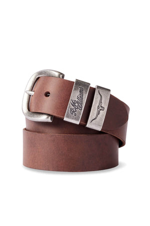 The RM Williams Drover Belt, made from Italian oiled nubuck leather, is coiled. It features a silver buckle engraved with the signature "R.M. Williams" and a silver belt loop decorated with an engraving of a longhorn steer. Handmade in Australia, the brown leather has a smooth texture with a polished finish.