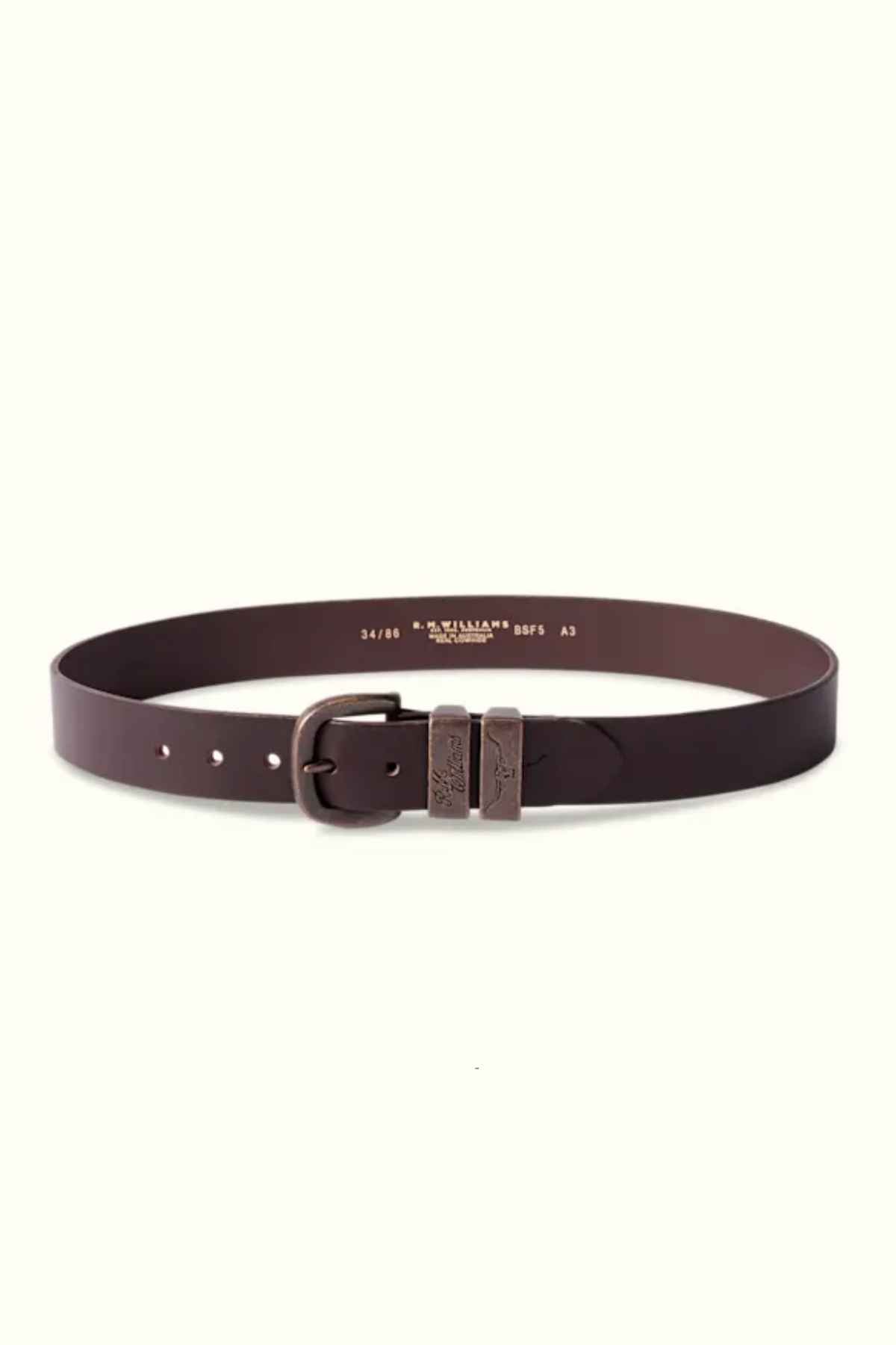 RM Williams Drover Belt in the colour Chestnut.  Front image of belt buckled