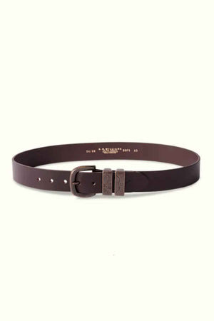 RM Williams Drover Belt in the colour Chestnut.  Front image of belt buckled