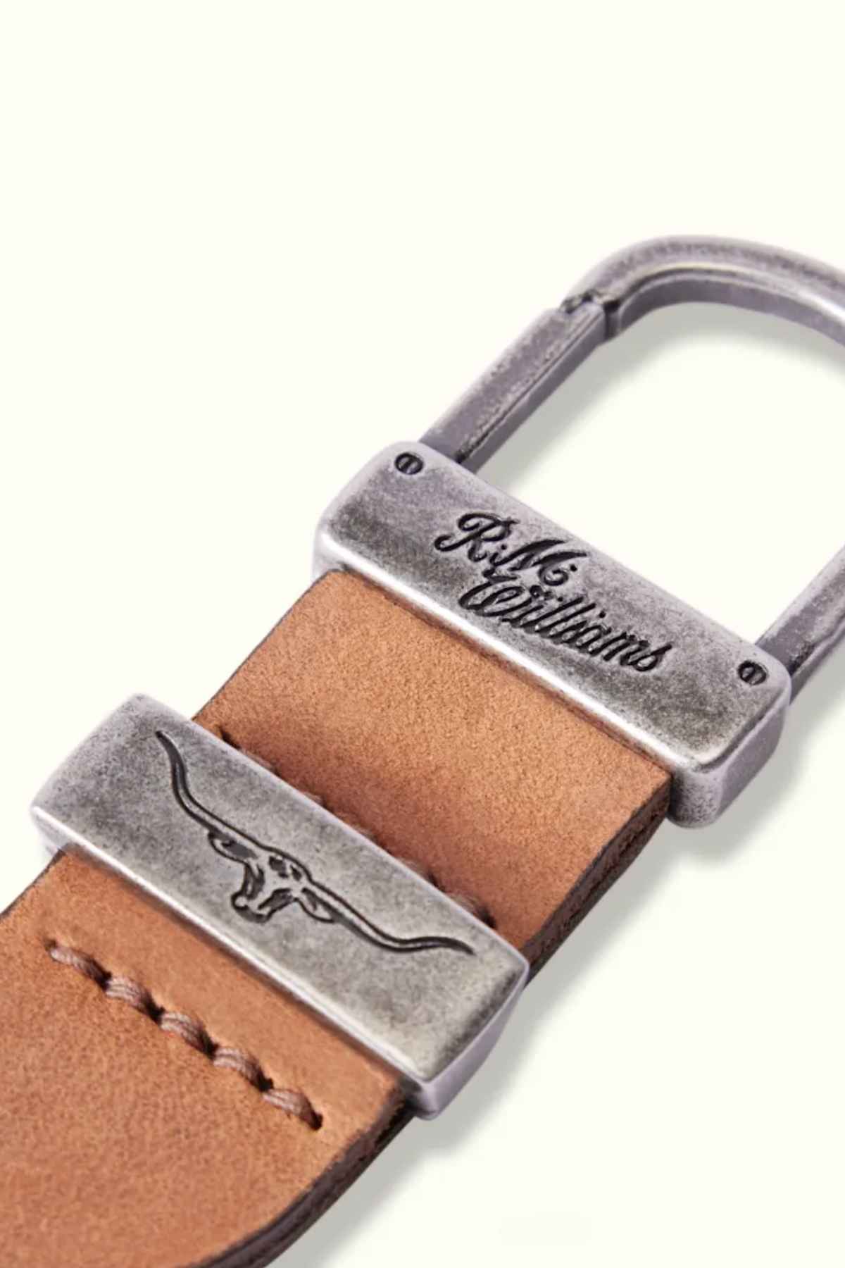 RM Williams Drover Key Fob in the colour Vintage Brown. Close up of Key Fob