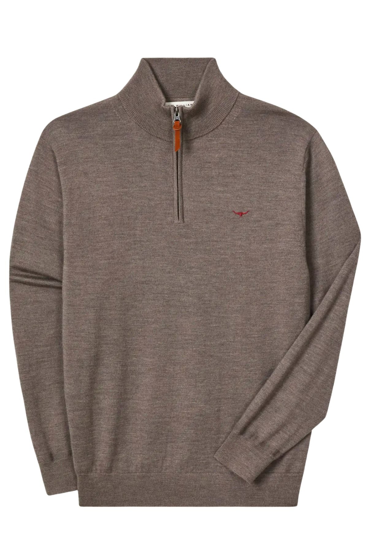 The RM Williams Ernest Merino 1/4 Zip Knit is a brown pullover sweater made from extra-fine merino wool, featuring a stand collar, ribbed cuffs and hem, a small red chest logo, and a zipper with a tan leather pull tab.