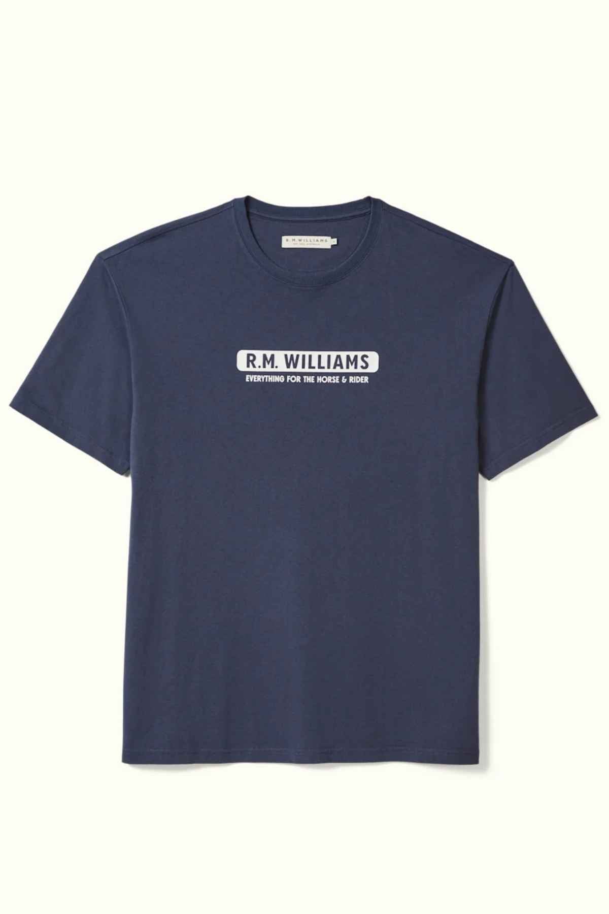 RM Williams Everything Tee in the colour Navy. Front angle of t shirt.