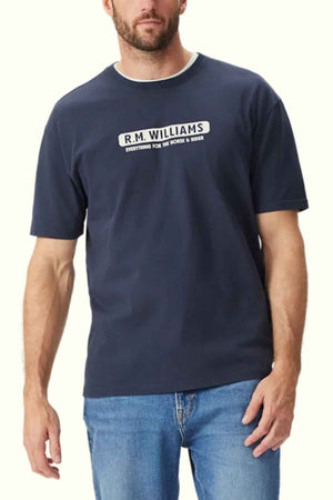 RM Williams Everything Tee in the colour Navy. Front angle of model wearing t shirt.