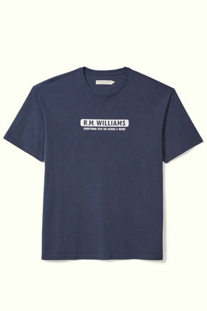RM Williams Everything Tee in the colour Navy. Front angle of t shirt.