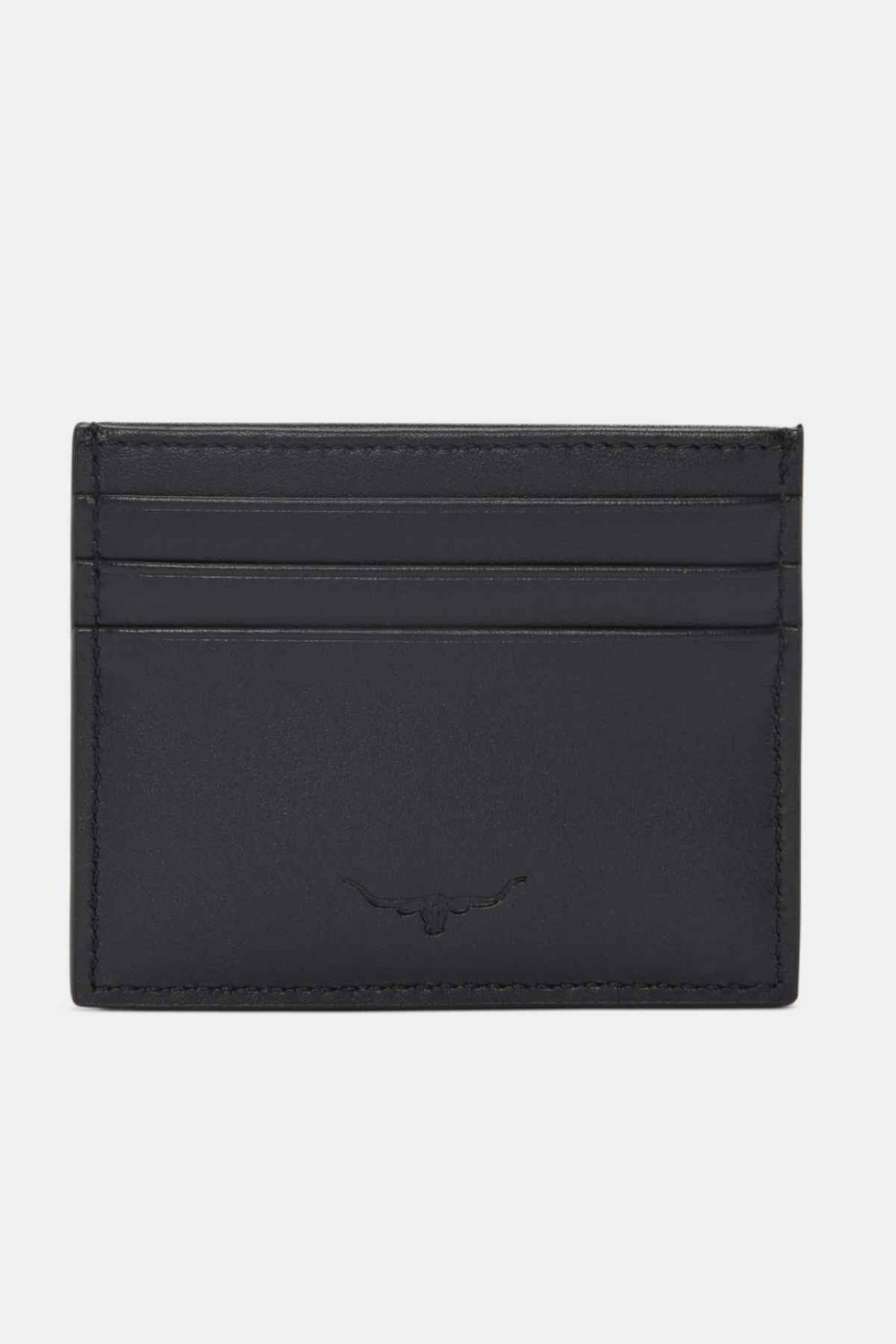 The RM Williams Farrier Card Holder is crafted from premium black leather, featuring three card slots and a subtle embossed longhorn logo at the bottom center for a simple, minimalistic look.