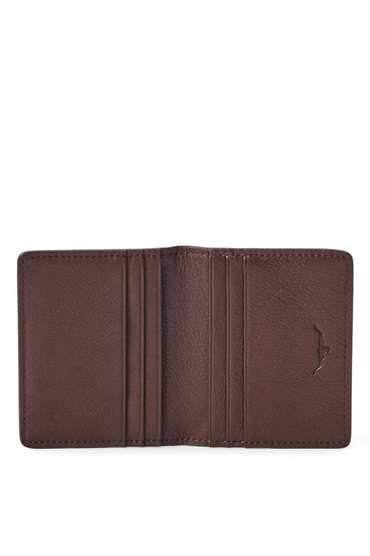 The RM Williams Farrier Fold Cardholder is an open brown leather wallet with multiple card slots and a small embossed bat design on the right side, shown empty against a white background.