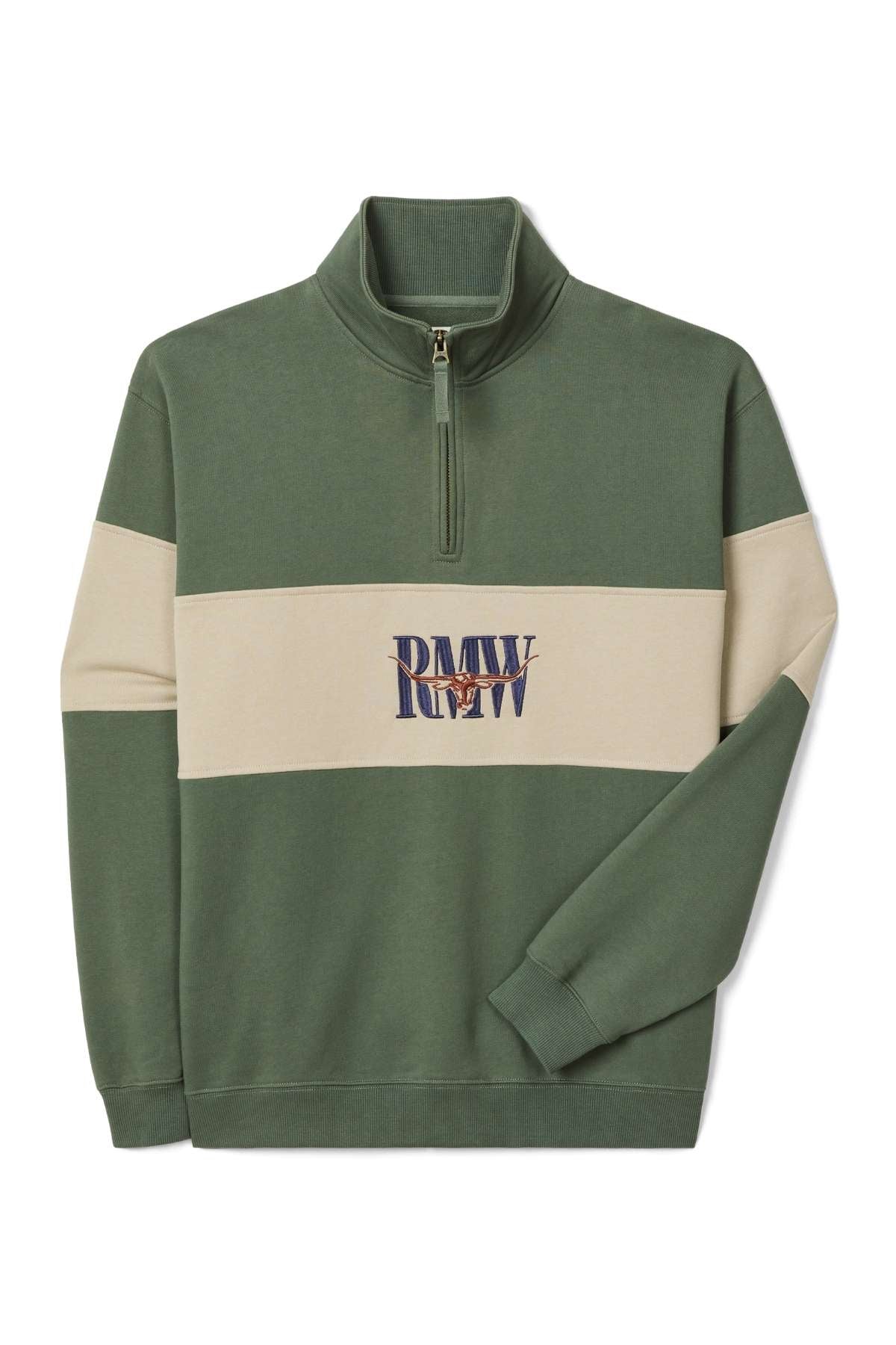 The RM Williams Heritage 1/4 Zip Sweatshirt is a green and beige pullover with a horizontal beige stripe, featuring large blue and red overlapping "RMW" embroidery on the front.