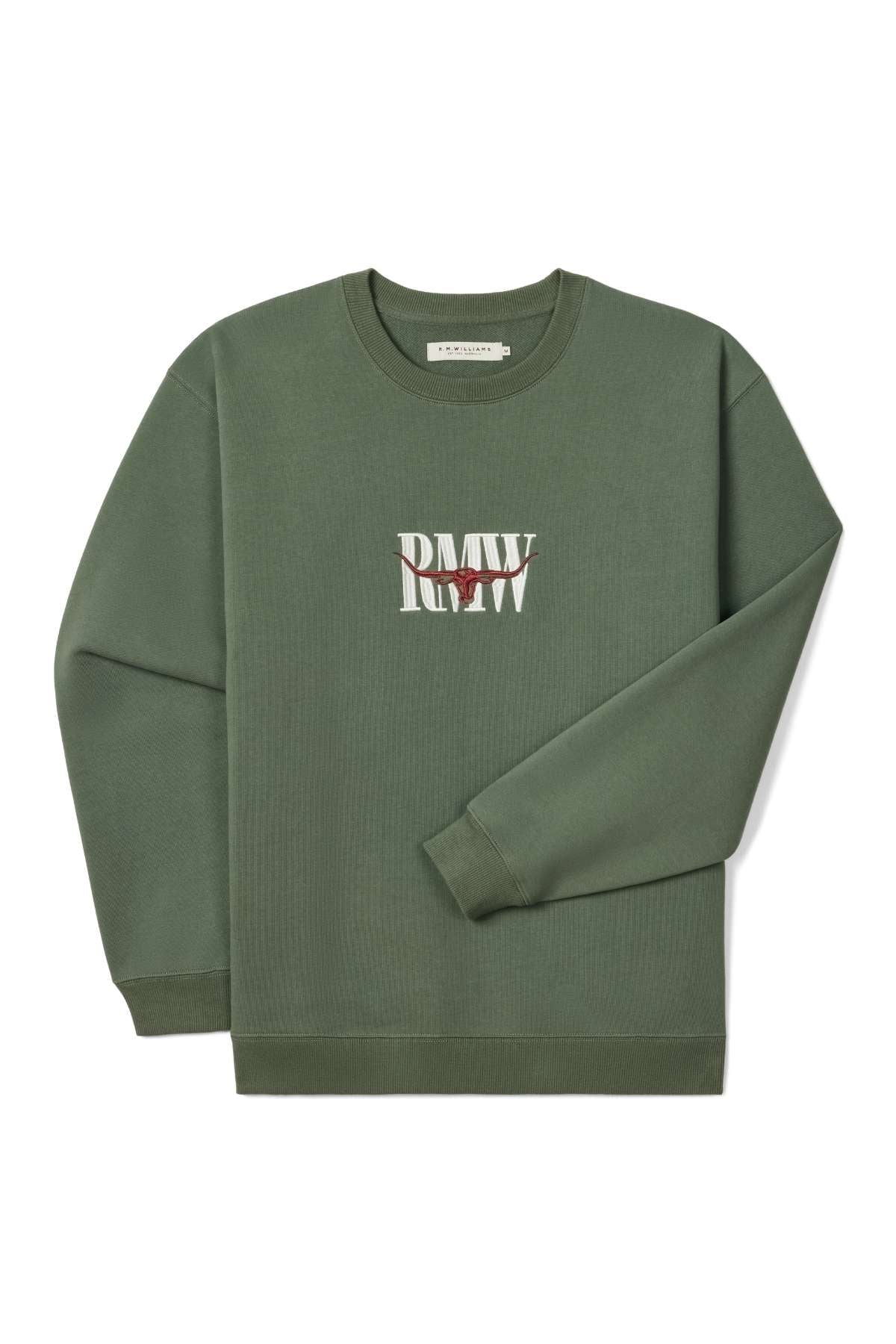 The RM Williams Heritage Crew Sweatshirt is a green crewneck with ribbed cuffs and hem, featuring large "RMW" letters in stylized white and red font on the chest.