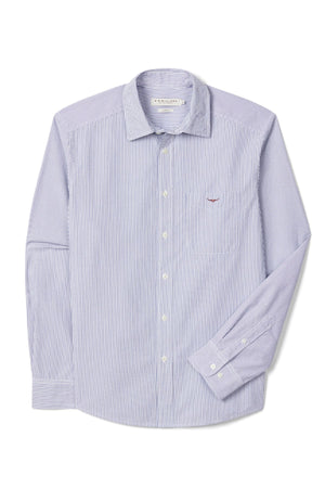 The RM Williams Ingham Poplin Stripe Shirt features long sleeves, thin blue and white vertical stripes, a front chest pocket, button-up design, and a classic collar.