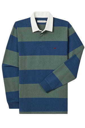 The RM Williams Jones Stripe Rugby is a long-sleeve shirt with bold blue and olive green stripes, a durable twill collar, a red embroidered logo on the left chest, and is made from heavyweight jersey for comfort.