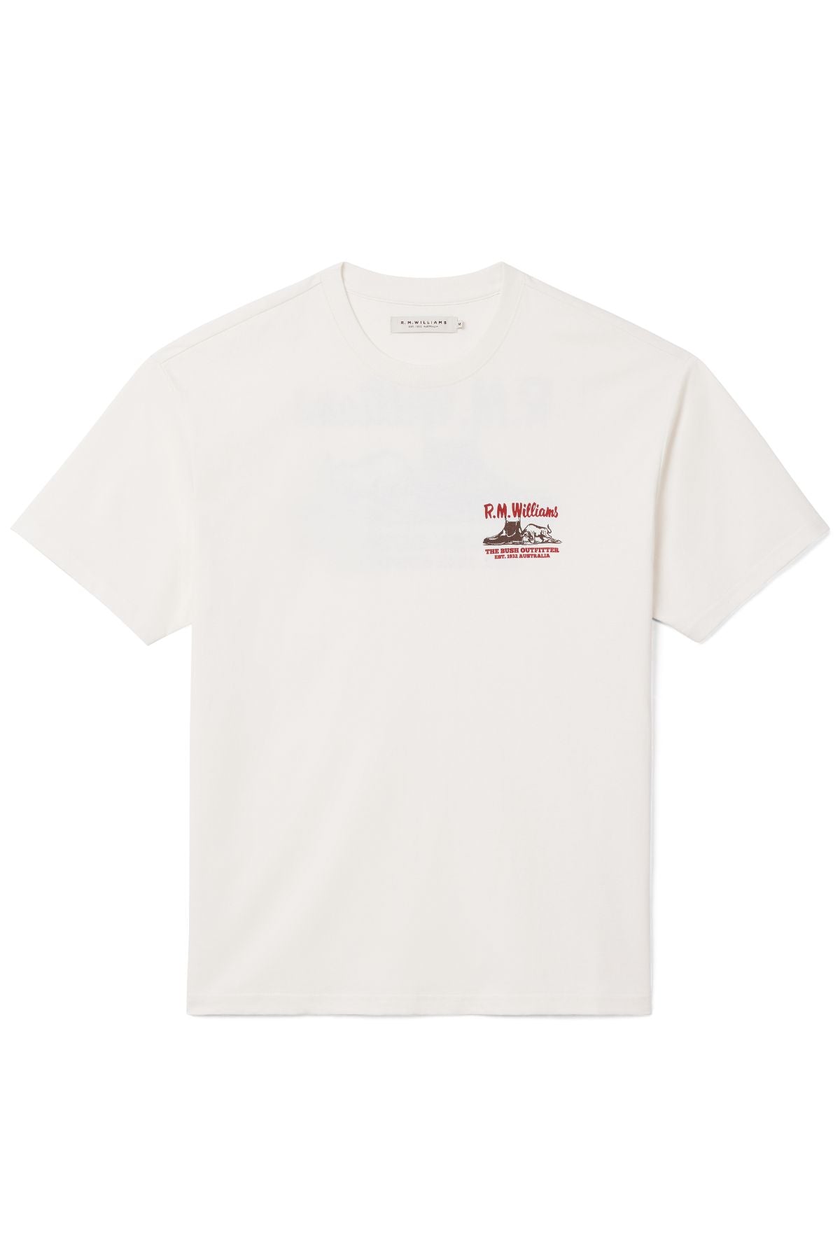 The RM Williams Last T-Shirt is a plain white short-sleeve tee with a small red R.M. Williams logo and text on the left chest. Refer to our size guide for the perfect fit. Displayed against a white background.