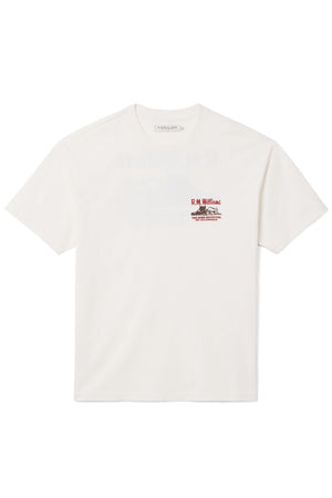 The RM Williams Last T-Shirt is a plain white short-sleeve tee with a small red R.M. Williams logo and text on the left chest. Refer to our size guide for the perfect fit. Displayed against a white background.
