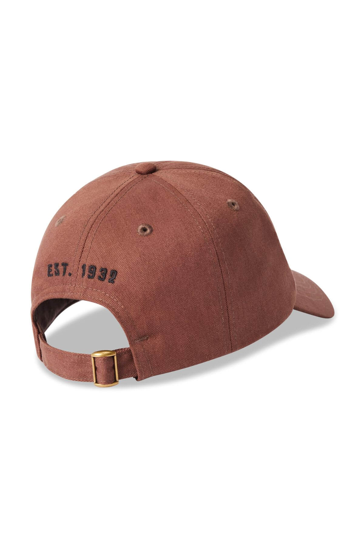 The RM Williams Logo Cap is a brown cotton twill hat shown from the back, featuring an adjustable strap with antique brass clasp and "EST. 1938" printed in black above the opening.