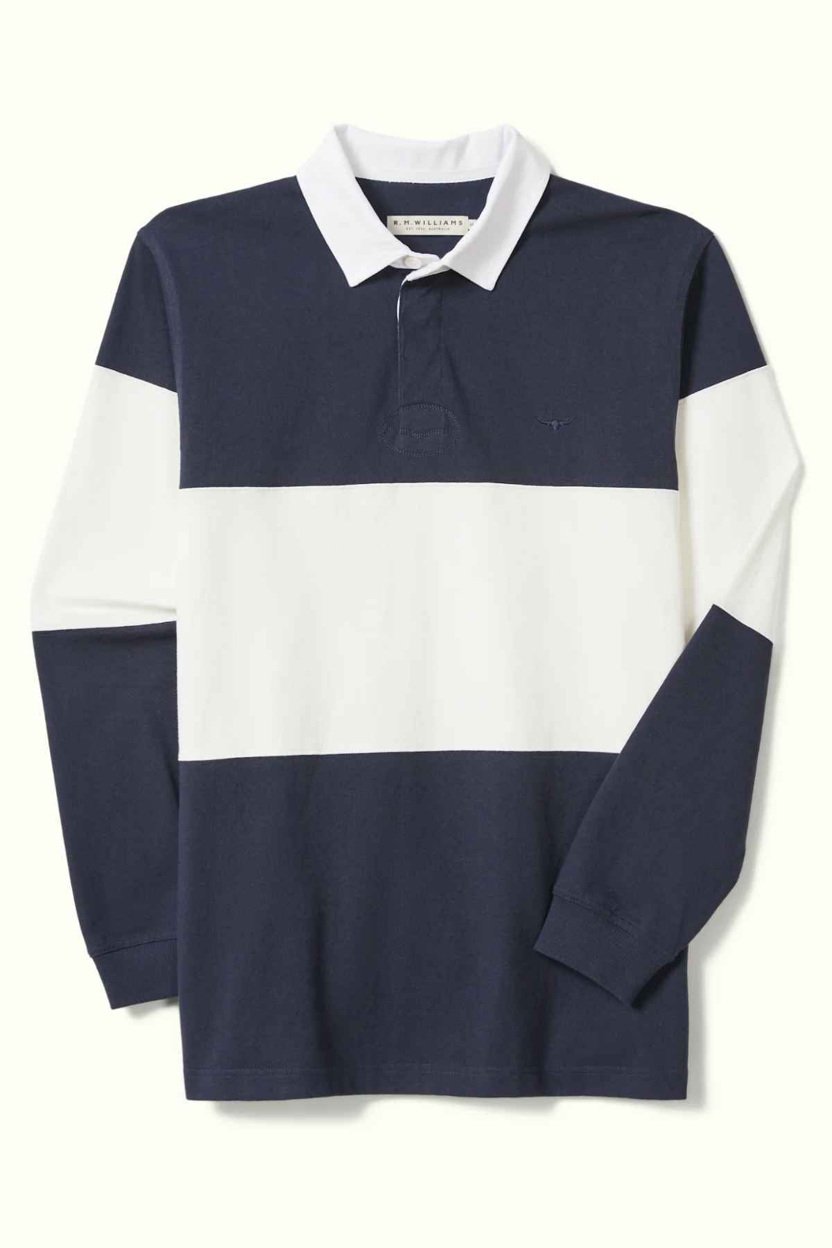 RM Williams Magnus Rugby in the colour Navy/White. Front view of Rugby