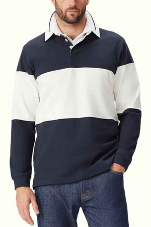 RM Williams Magnus Rugby in the colour Navy/White. Front view of model wearing Rugby