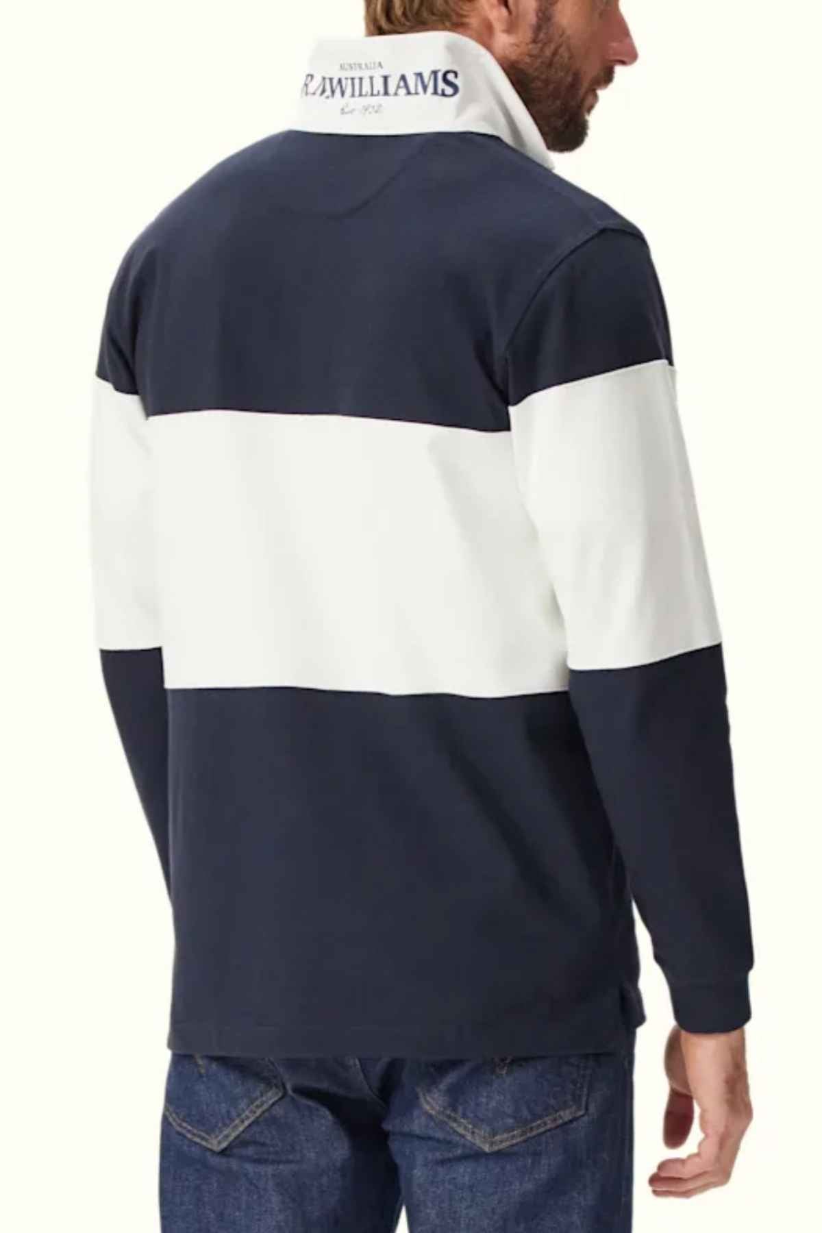 RM Williams Magnus Rugby in the colour Navy/White. Back view of model wearing Rugby