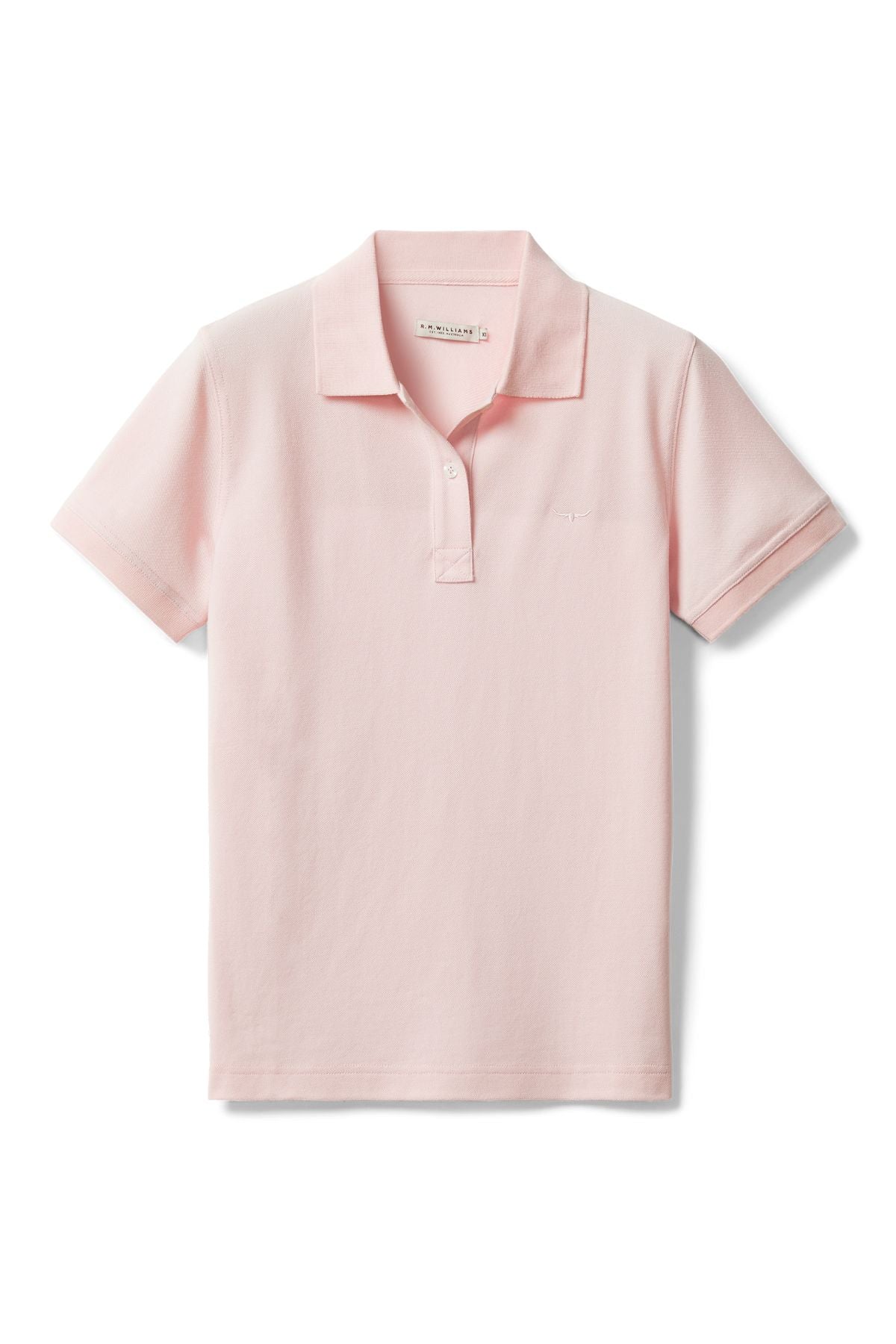 The RM Williams Margaret Polo is a light pink, short-sleeve pique shirt with a collar and three-button neckline, shown laid flat on a white background.