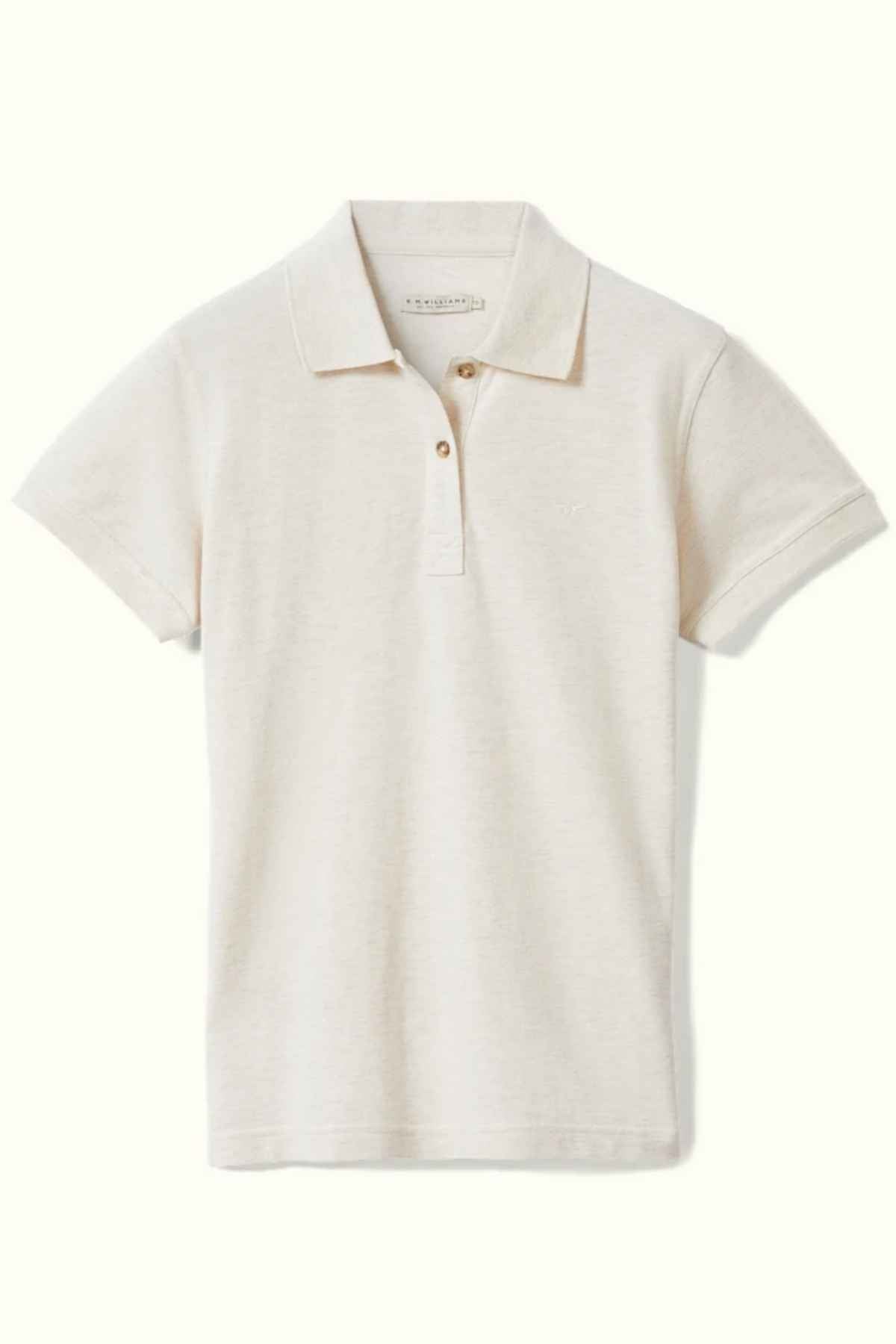 RM Williams Margaret Polo in the colour Oatmeal. Front view of polo shirt.