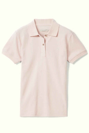 The RM Williams Margaret Polo is a light pink shirt made of pique cotton, featuring a ribbed collar, short sleeves, and two neckline buttons, displayed on a neutral background.