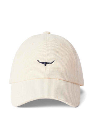 RM Williams Mini Longhorn Cord Cap in the colour cream. Front angle of cap