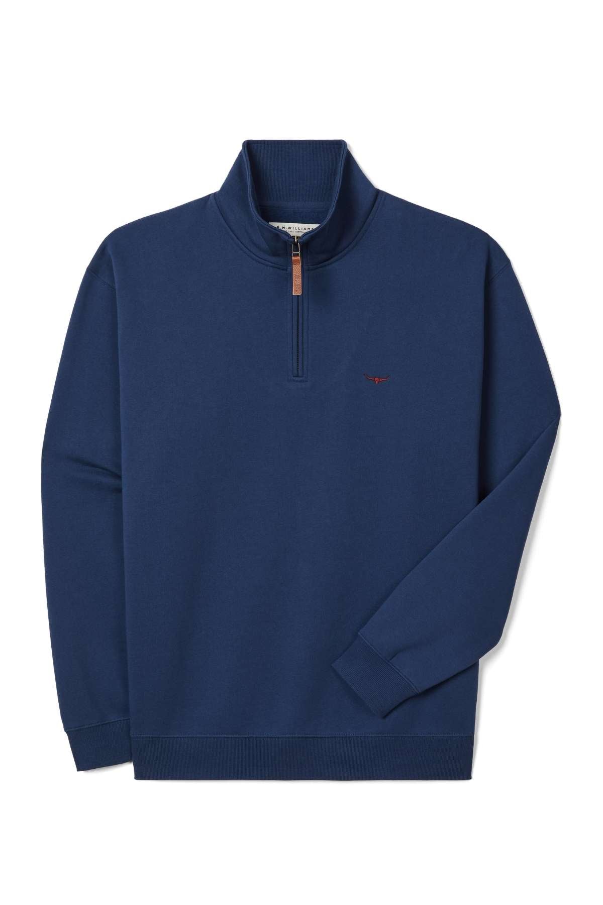 The RM Williams Mulyungarie 1/4 Zip Sweatshirt is a navy blue pullover featuring a stand-up collar, ribbed cuffs and hem, and a small red embroidered logo on the left chest.