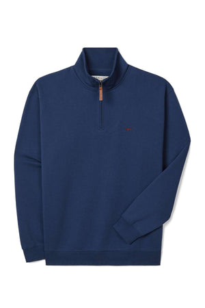 The RM Williams Mulyungarie 1/4 Zip Sweatshirt is a navy blue pullover featuring a stand-up collar, ribbed cuffs and hem, and a small red embroidered logo on the left chest.