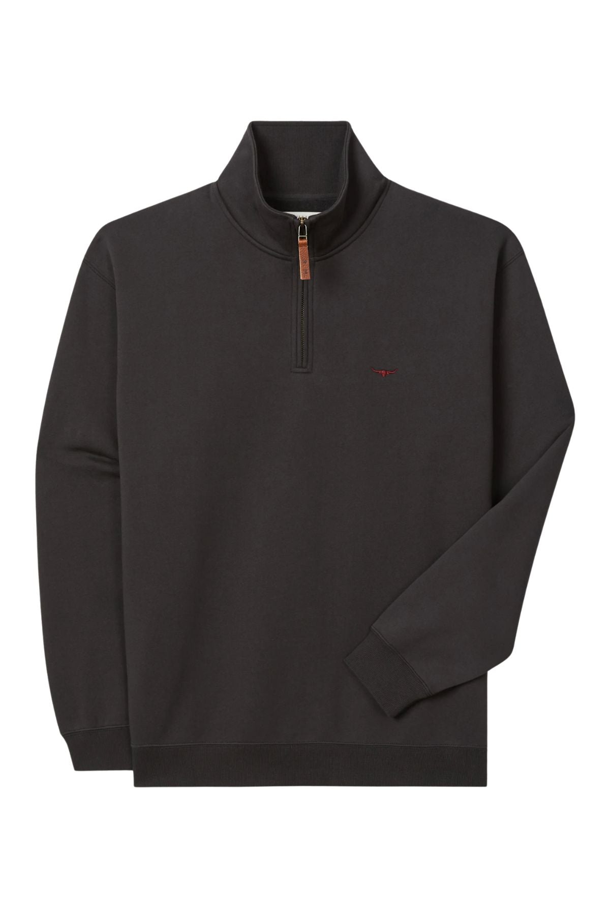 The RM Williams Mulyungarie 1/4 Zip Sweatshirt features a dark brown design, high collar, ribbed cuffs and hem, brass zipper with leather pull, and a small red embroidered logo on the left chest.