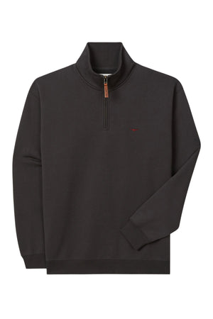 The RM Williams Mulyungarie 1/4 Zip Sweatshirt features a dark brown design, high collar, ribbed cuffs and hem, brass zipper with leather pull, and a small red embroidered logo on the left chest.