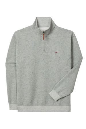 The RM Williams Mulyungarie 1/4 Zip Sweatshirt is a light gray pullover with a small embroidered red chest logo, featuring a standing collar plus ribbed cuffs and hem.
