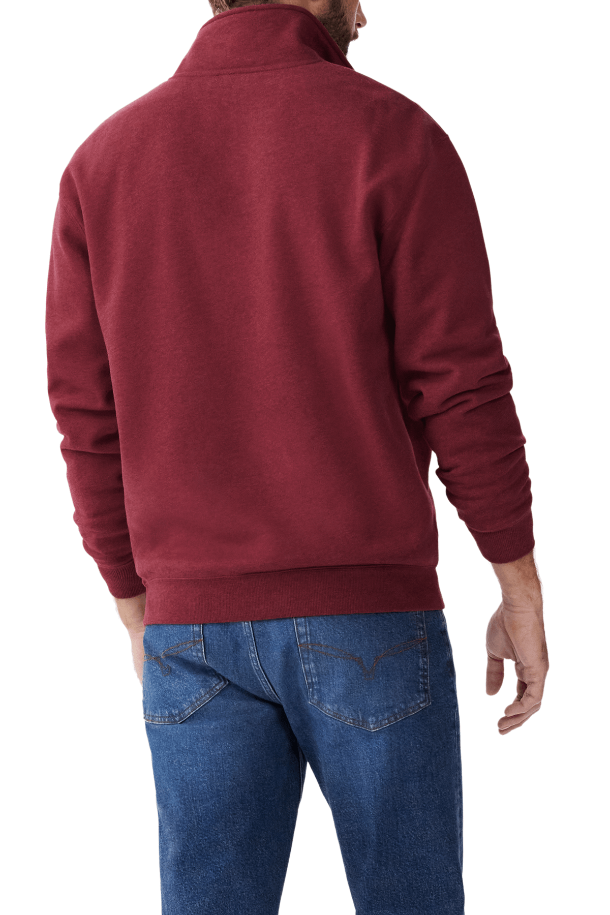 Wearing the RM Williams Mulyungarie Fleece in maroon and blue jeans, a person is shown from the back. Their left hand slightly raised and right hand relaxed at their side, the simple white background accentuates the cozy elegance of their fleece pullover.