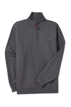 The RM Williams Mulyungarie Fleece is a dark gray quarter-zip sweatshirt with a stand-up collar, brown pull tab zipper, and an embroidered logo on the left chest. Made from brushed cotton fleece for a relaxed fit and long sleeves.