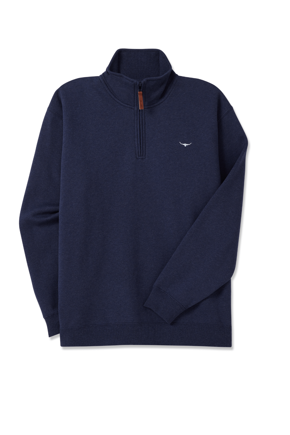 The RM Williams Mulyungarie Fleece is a navy blue quarter-zip pullover made from brushed cotton fleece, featuring a small embroidered whale logo on the left chest and ribbed collar, cuffs, and hem for comfort and style.