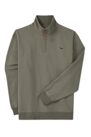 The RM Williams Mulyungarie Fleece is an olive green quarter-zip sweatshirt with a brown zipper pull, ribbed cuffs and hem, and a small dark embroidered logo on the left chest. Made from soft brushed cotton fleece.
