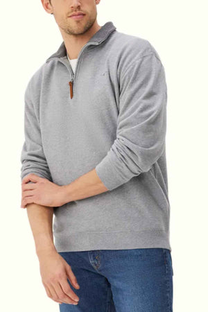 RM Williams Mulyungarie Fleece in the colour Grey Marle. Front view of model wearing jumper