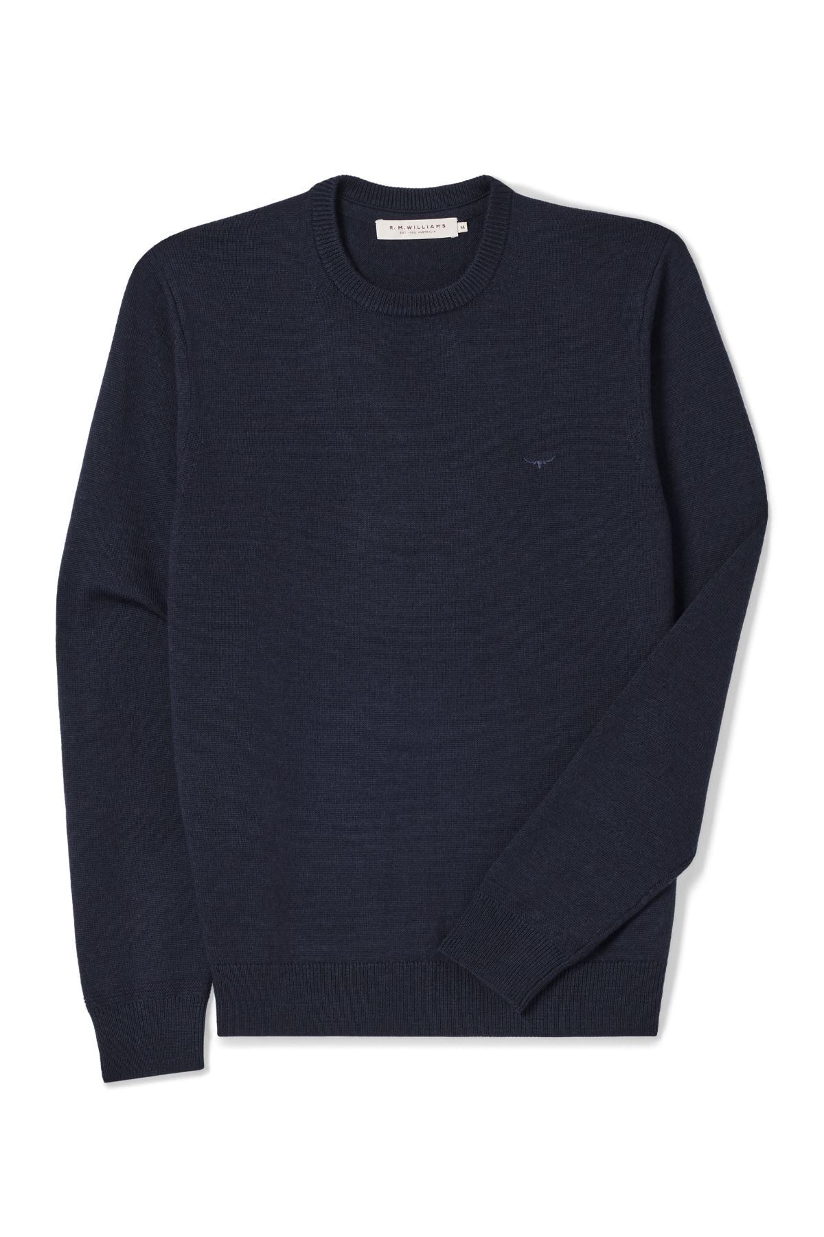 The RM Williams Murphy Merino Crew Knit in navy is a long-sleeve sweater with a classic crew neck, ribbed cuffs, hem, and collar, displayed flat on a white background.