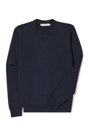 The RM Williams Murphy Merino Crew Knit in navy is a long-sleeve sweater with a classic crew neck, ribbed cuffs, hem, and collar, displayed flat on a white background.