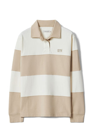 The RM Williams Narran 4 Panel Rugby is a relaxed-fit, long-sleeve shirt with wide beige and off-white stripes, a beige collar, button placket, and small embroidered logo on the left chest.