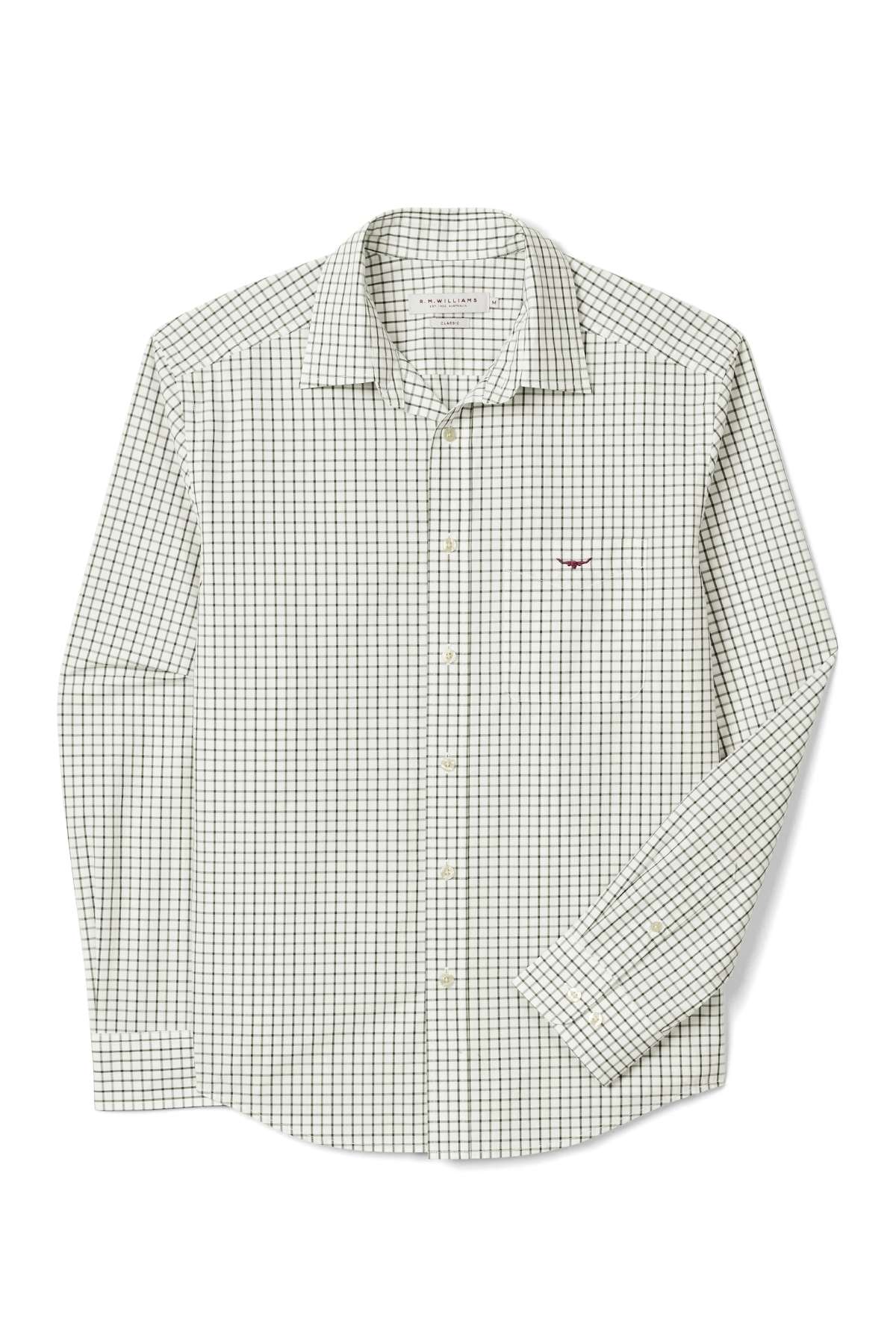 The RM Williams Newland Poplin Check Shirt is a long-sleeve button-up with a white base, small green and black checks, a pointed collar, and an embroidered chest logo.