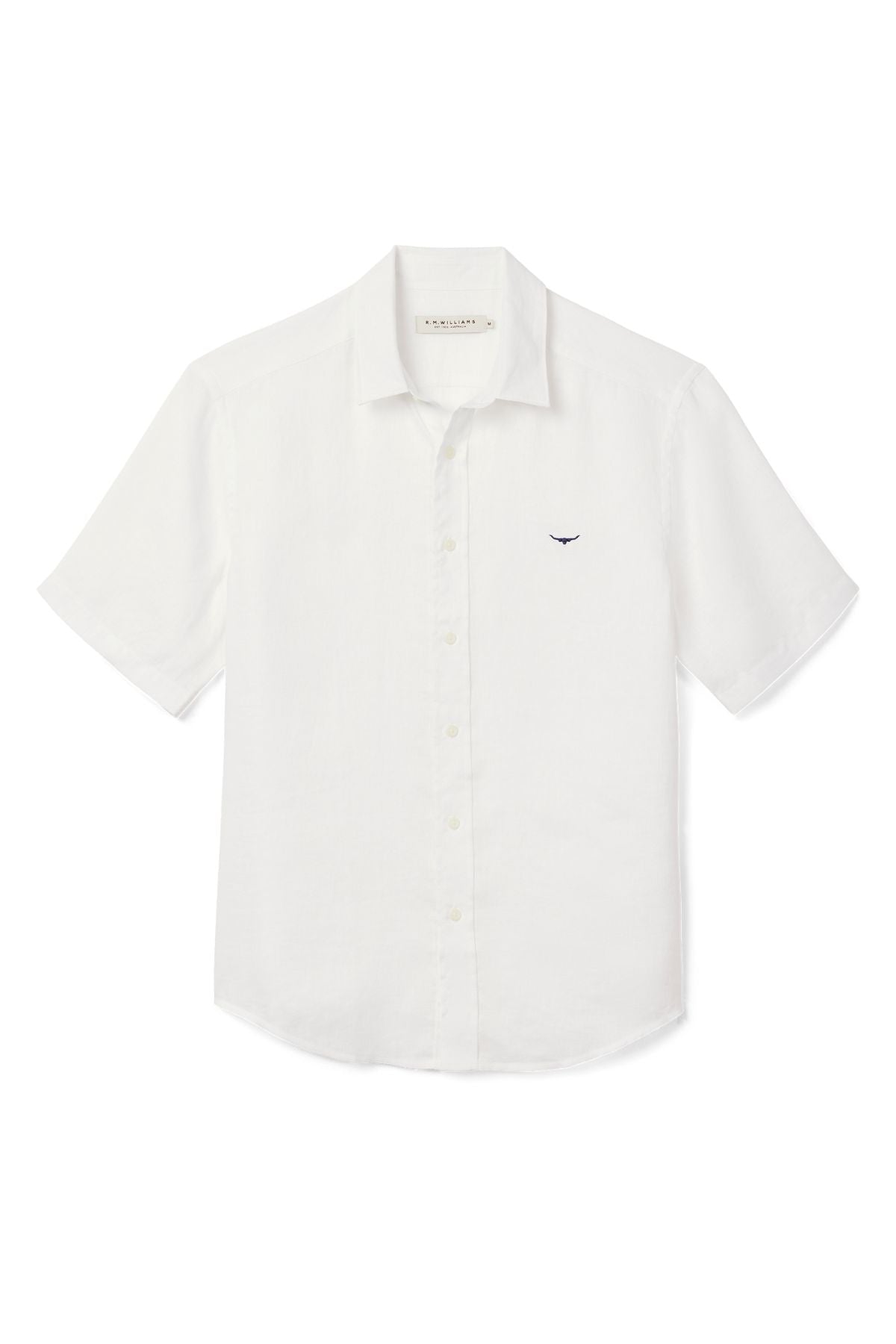 The RM Williams Newman Linen Short Sleeve Shirt is white with a collar, short sleeves, and a small dark embroidered logo on the left chest. This relaxed fit shirt is shown laid flat on a plain white background.