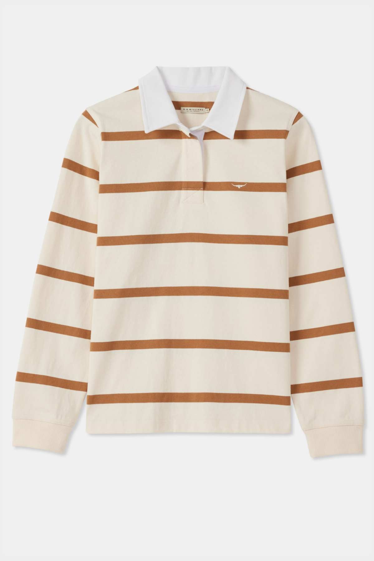 The RM Williams Nundle Rugby is a long-sleeve rugby shirt featuring a beige base color with horizontal brown stripes, complemented by a white collar and adorned with a small logo on the left chest area.