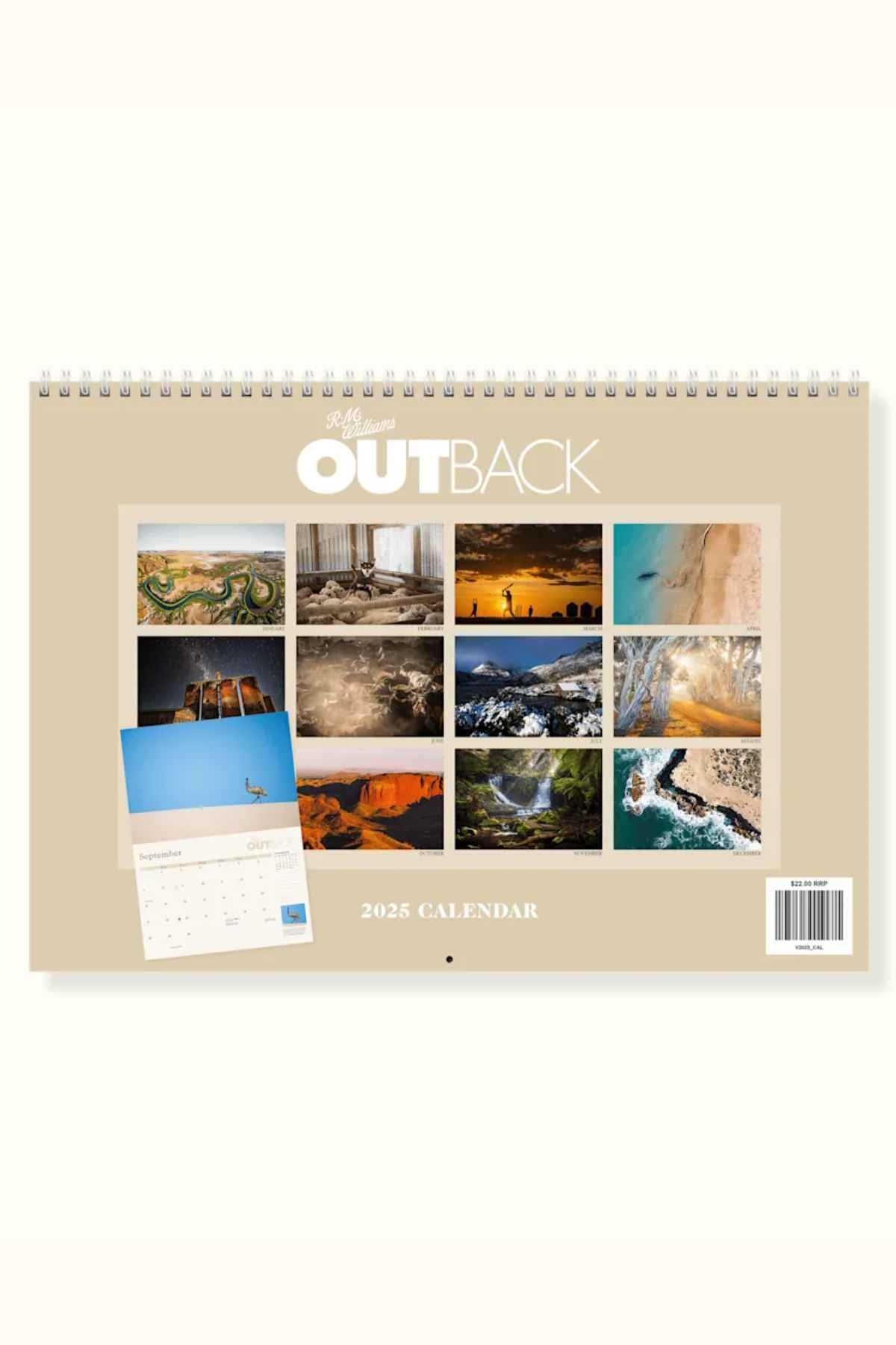 The RM Williams Outback Calendar 2025 features a collage of twelve breathtaking nature photos by Australian photographers on a beige background, highlighting outback landscapes and wildlife. It includes a preview page and a barcode at the bottom right for convenience.