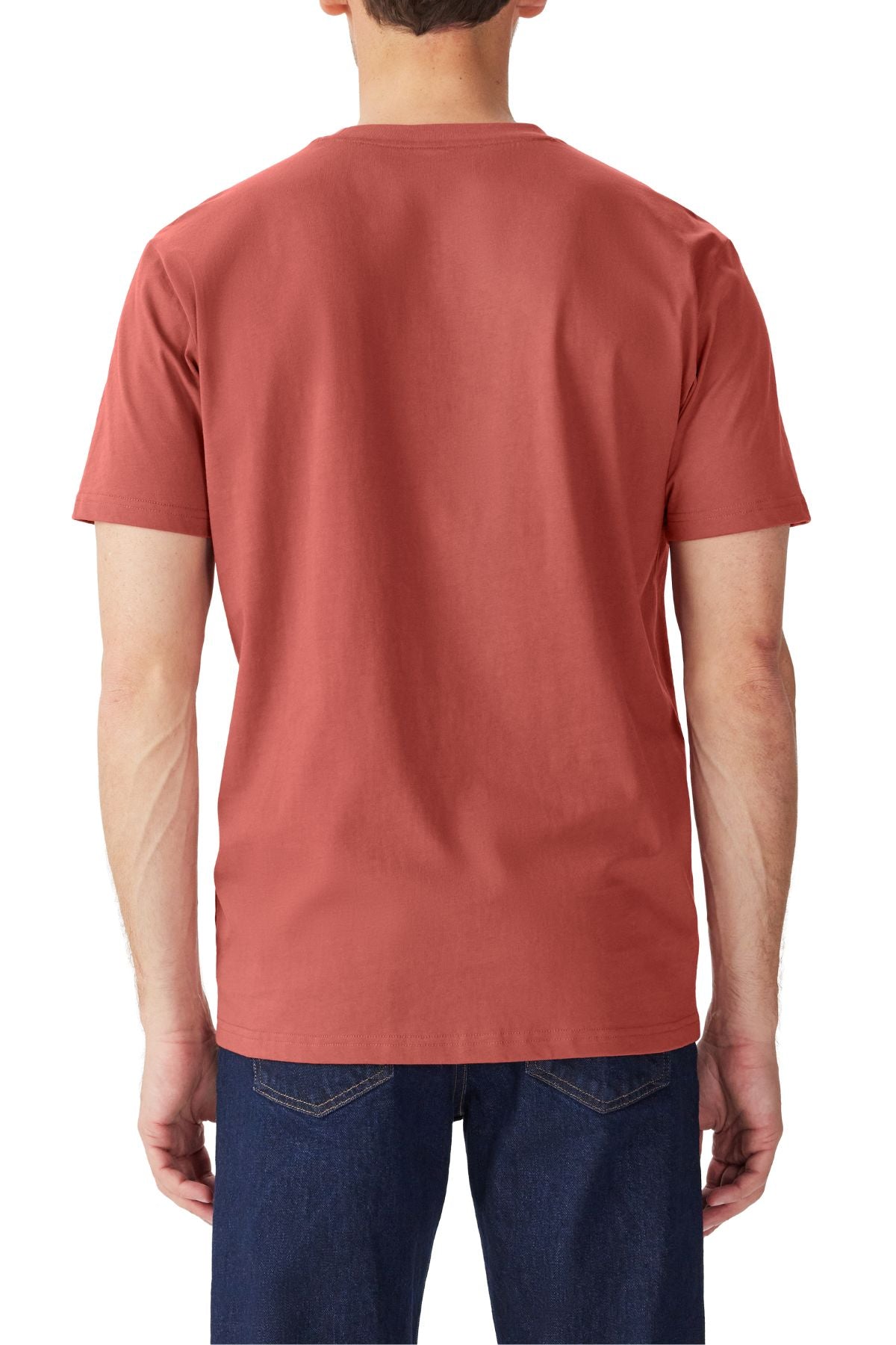 A man is shown from the back against a white background wearing the RM Williams Parson T-Shirt in rust, with a regular fit and short sleeves, made from organic cotton jersey, paired with dark blue jeans.