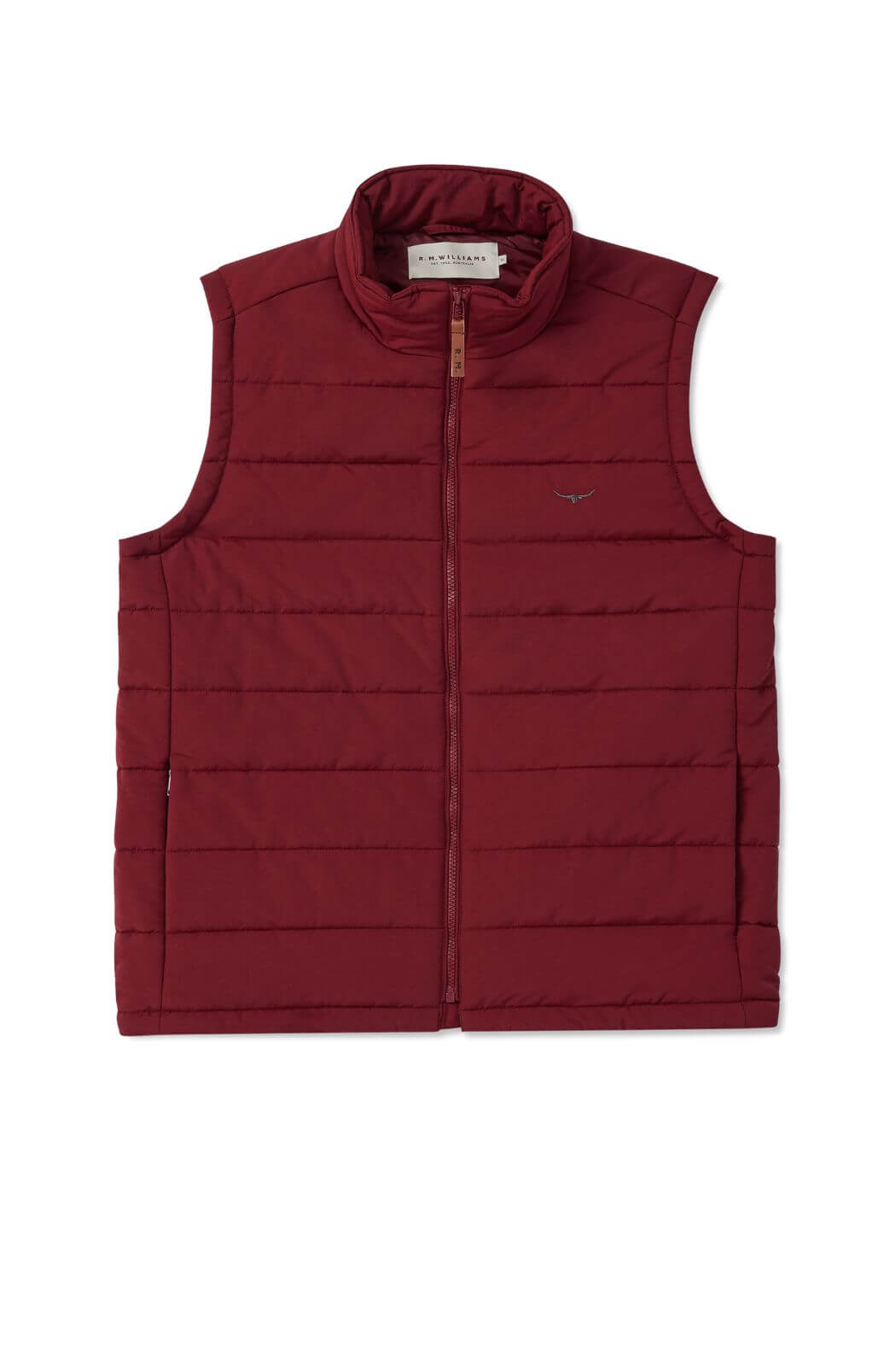 The RM Williams Patterson Creek Vest in maroon is a quilted, sleeveless puffer vest featuring a full front zipper. It boasts a high collar, a small embroidered logo on the left chest, and an inside collar label that reads "R.M.Williams." Additionally, it offers water-resistant functionality for extra practicality.
