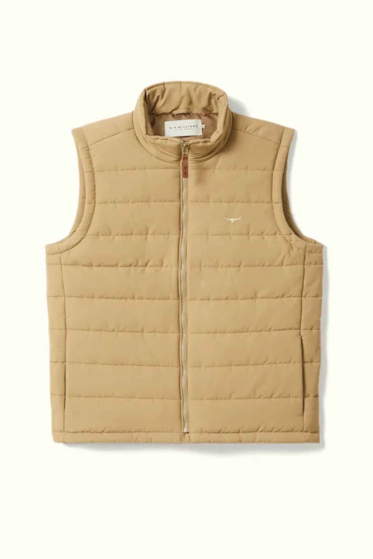 RM Williams Patterson Creek Vest in the colour Sandstone. Front angle of vest