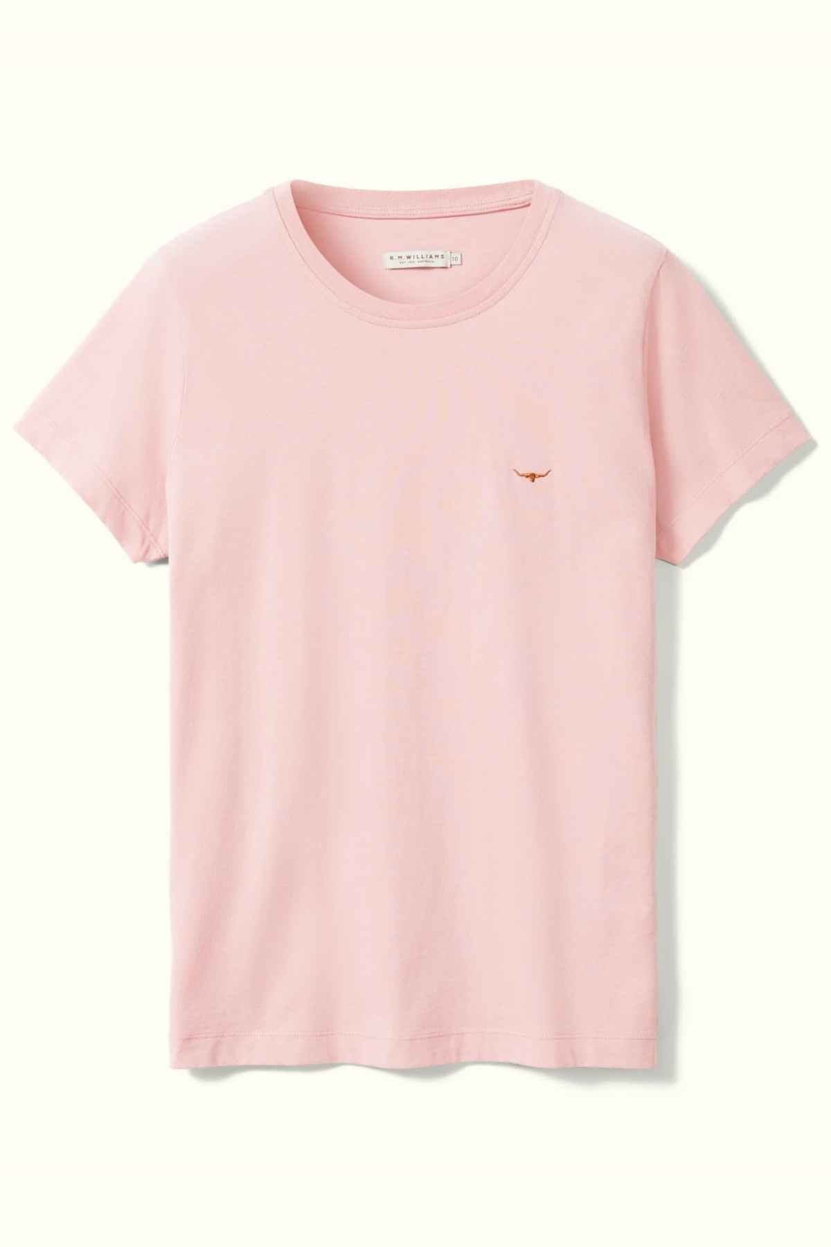 RM Williams Piccadilly Tee in the colour Rose. Front angle of t-shirt