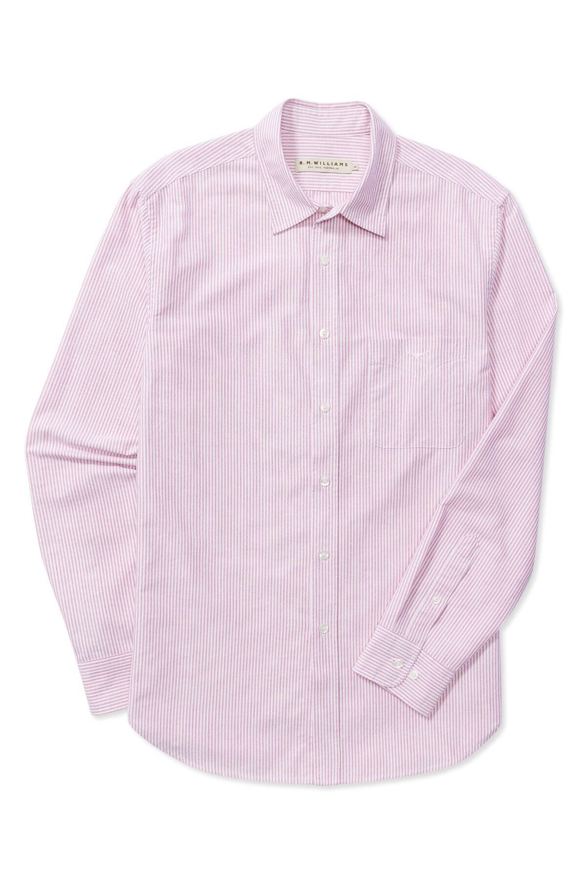 The RM Williams Regular Shirt is a slim regular-fit, long-sleeve button-down with a collar, featuring thin pink and white vertical stripes. Made from organic cotton, it's neatly laid flat with fastened buttons and a slightly bent left sleeve.