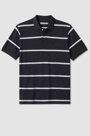 The RM Williams Rod Polo is a short-sleeve, dark gray cotton shirt with a collar and white horizontal stripes, displayed on a plain light gray background.