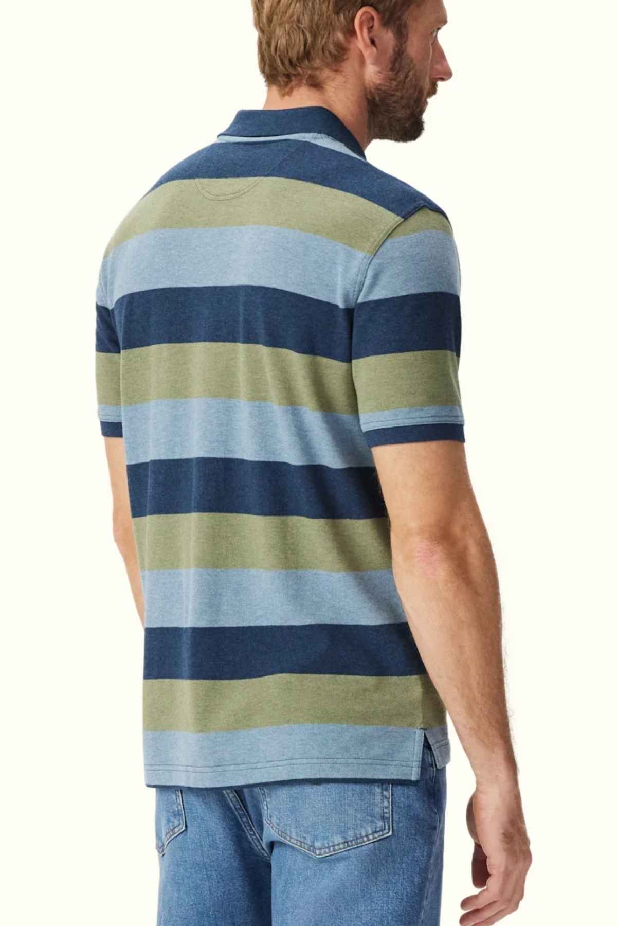 RM Williams Rod Polo in the colour Blue/green. Back angle of model wearing  Polo.