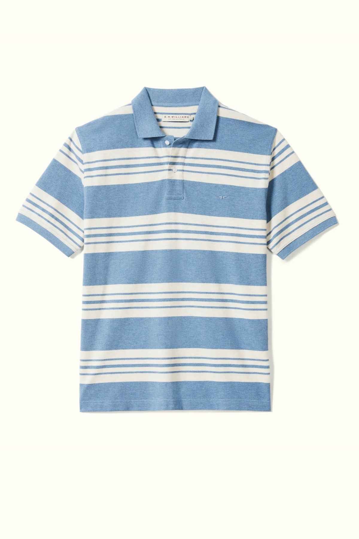 The RM Williams Rod Polo is a blue short-sleeve shirt featuring horizontal white stripes of varying thicknesses across the chest and sleeves. Crafted from breathable cotton pique, it comes with a collar, a two-button placket, and classic longhorn embroidery on the chest for added style.