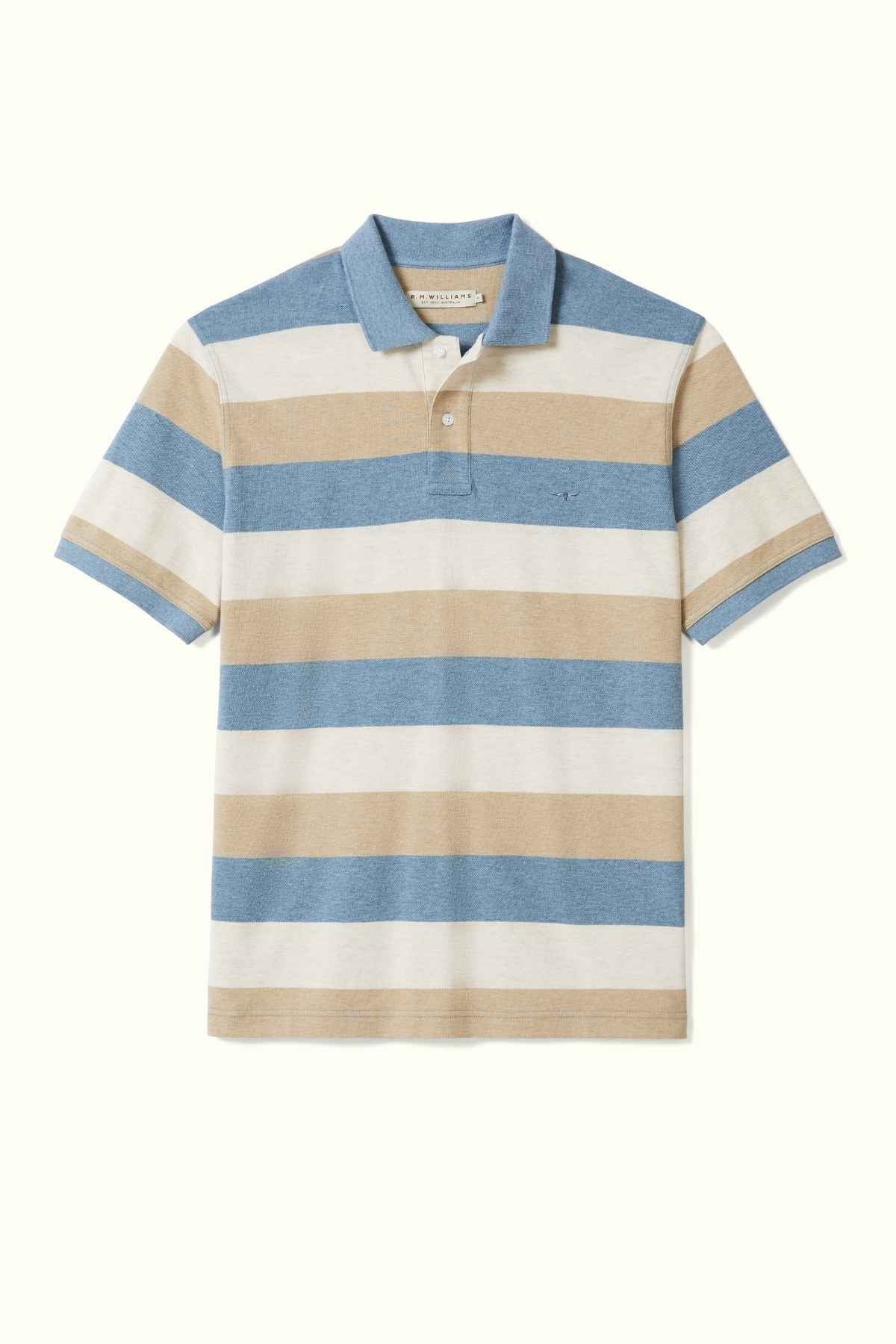 RM Williams Rod Polo in the colour blue/brown/cream. Front of polo shirt pictured